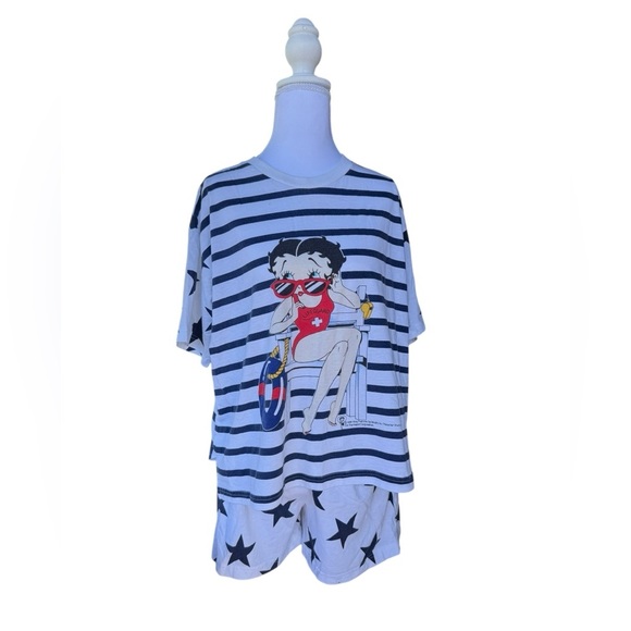 Vintage 1996 Women’s Betty Boop Pajama Set Size Small Nautical Stars And Stripes